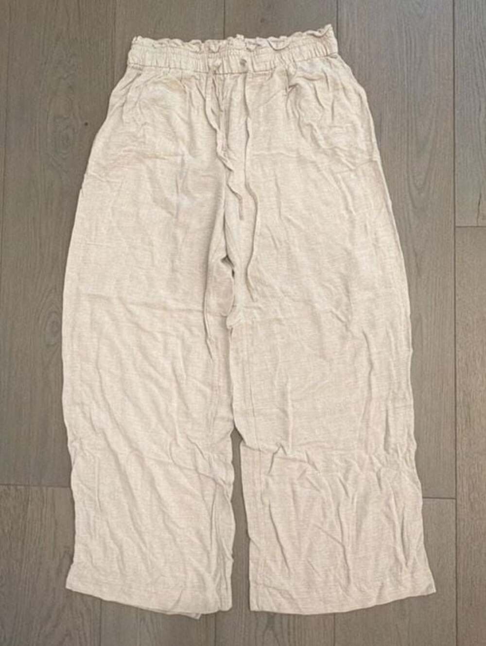 H&M Beige Linen Blend Wide Leg Drawstring Pants